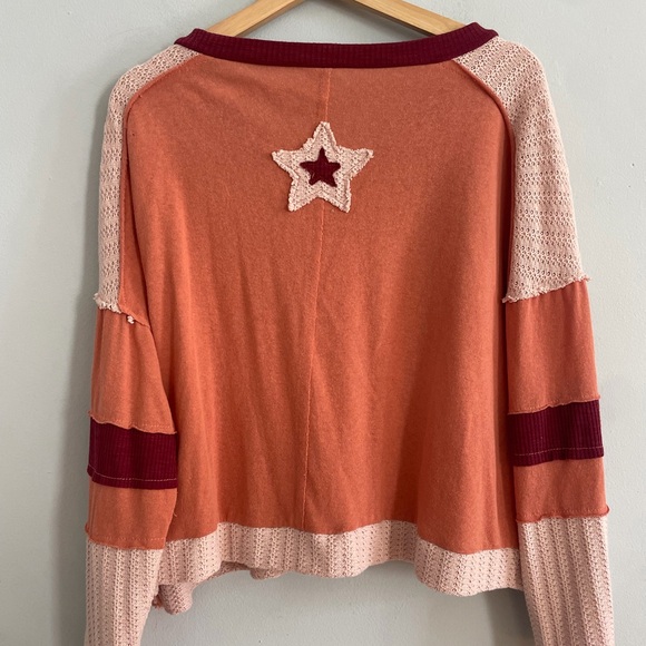 POL Patchwork Star Pullover Knit Top Boho Oversized Distressed Raw Hem Crochet - Picture 4 of 5